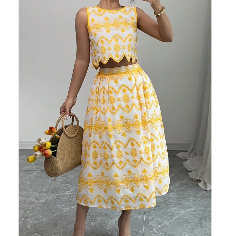 Yellow & White Embroidered Crop Top and Skirt Set